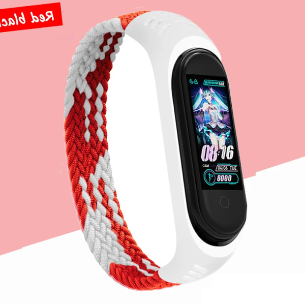 Nylon flettet klokkearmbånd for xiaomi Mi band 4 3 Rem Solo Loop NFC Klokkearmbånd Dame Smartband Gavebelte Correa Mi band 7 6 5 rød hvit red white Mi Band 7 6 5 4 3