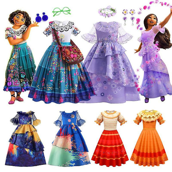 Disney Mirabel Isabela Kostym för Flickor Prinsessklänning Kostym Cosplay Encanto Karneval Födelsedagsfest Krans Kläder Väska Charm Röd Ed 5-6T (120)