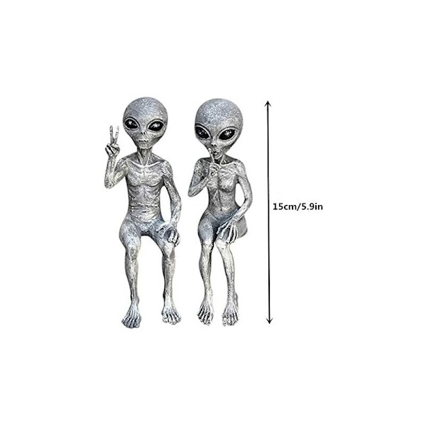 Alien Statue, Sæt med 2 Rumstatuer, Alien Statue, Havefigur, Resin Skulptur til Hjemmekontor, Have, Terrasse, Plæne, Superma