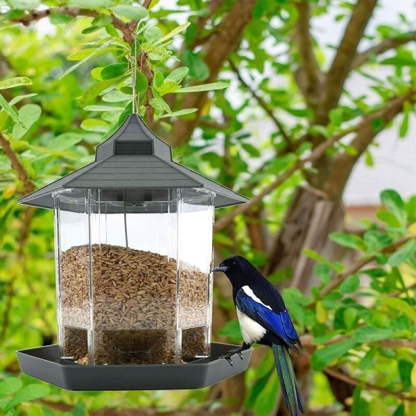 Fågelmatare, vattentät hängande fågelmatsbehållare med tak och bricka för frömatare för uteplats på bakgård (grå)