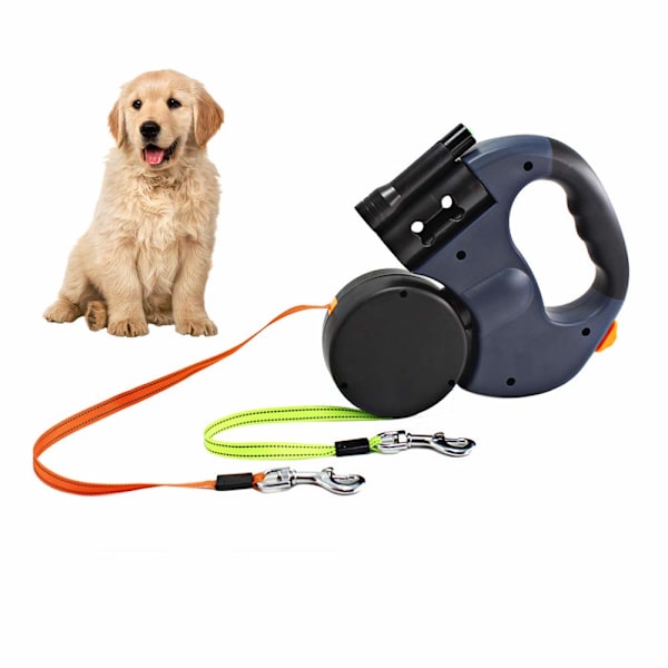 Dobbel innfellbar hundekobbel, 3M fleksibel innfellbar hundekobbel dobbel kobbel lys og søppelbøtte for to hunder