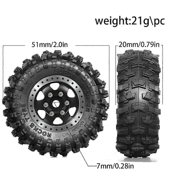 4 stk. 51 mm 1,0 tommer Metal Beadlock Hjul Dæk Sæt til 1/18 1/24 RC Crawler Bil TRX4M SCX24 AX24 FCX24 Opgraderingsdele Sort