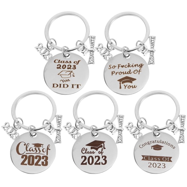 5 stk rustfrit stål graduering nøglering 2023 graduation nøglering gavepose hængende dekoration（6.2CM，sølv）