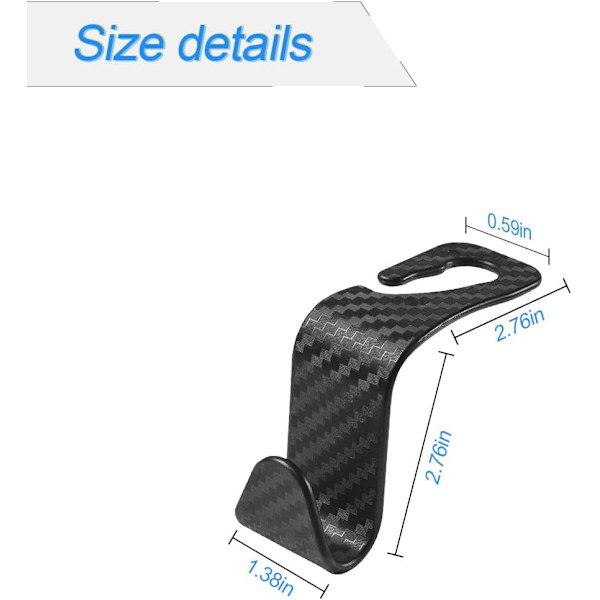Bilstol-Hovedstøtte-Kroge, 4-pak Carbon Fiber Stilfulde Bilstol-Hængere til Håndtasker, Klædtasker, Bilinteriør Tilbehør (Carbon Fiber/Sort)