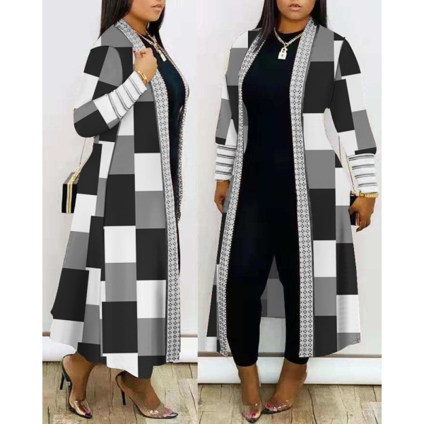 Damkavaj i Plus Size med Färgblock och Geometrisk Tryck, Långärmad, Öppen Fram, Casual