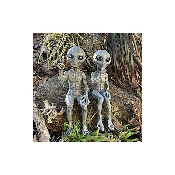 Alien Statue, Sæt med 2 Rumstatuer, Alien Statue, Havefigur, Resin Skulptur til Hjemmekontor, Have, Terrasse, Plæne, Superma