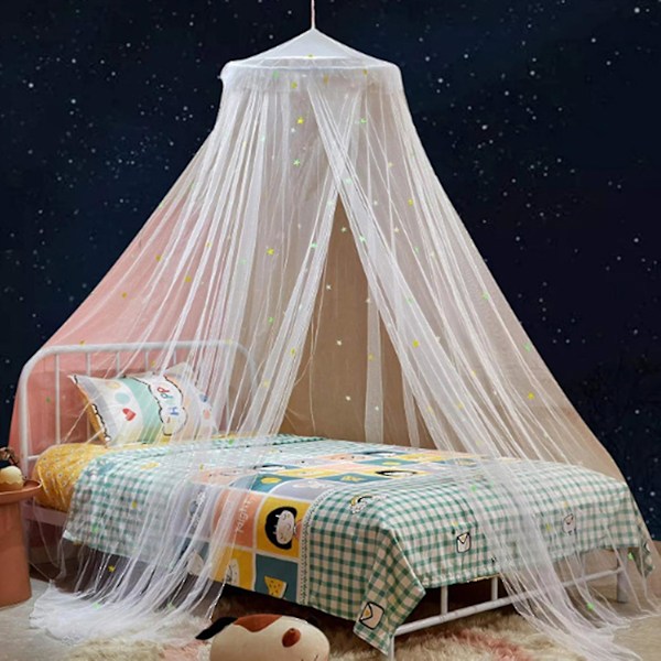 1 set Glow-in-the-dark Polyester Stars Princess Dome bed canopy White