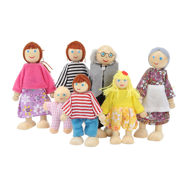 Trähusfamilj med söta dockor, 7 dockor, familjesimulering, leksakfigurer, 1:12 för dockhus