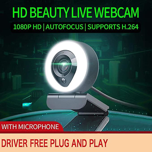 Mini LED-webbkamera med mikrofon och ringljus, 1080p Fhd 30fps nätverkskamera Justerbar avancerad dator