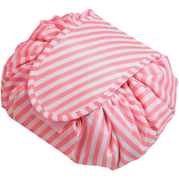 Lazy Snøre-Snor Flat Lay Makeup Taske Bærbar Stor Rejse Makeup Kosmetik Taske Opbevaring Organiser Pink Stripes