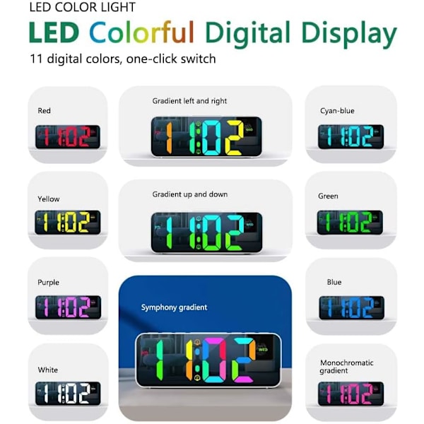 Digital väckarklocka, LED-bordsklocka med 11 karaktärsfärger, väckarklocka, digital klocka med snooze, batteridriven och USB-laddning (1,5 m)