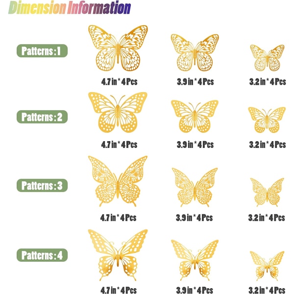 3D Butterfly Väggdekor 48st, Guld Butterfly