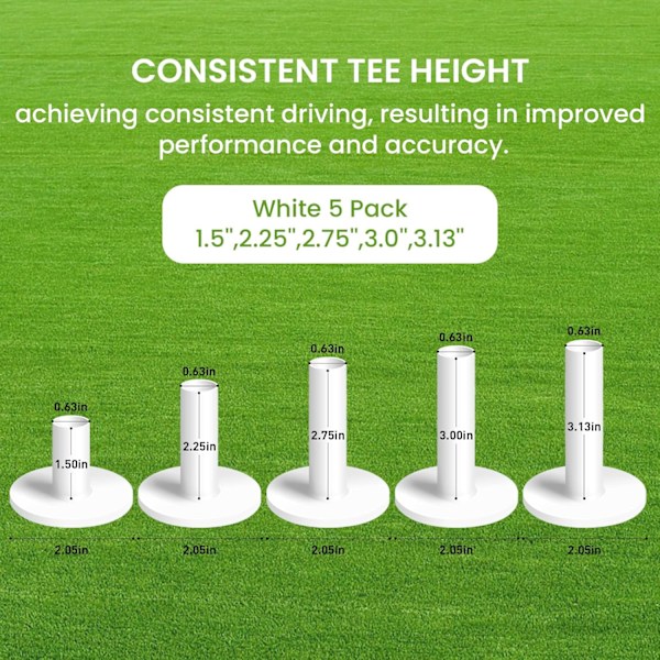 5 stk. Golf Gummi Tees til Driving Range, Blandet eller Samme Størrelse, Øvelses Tees White 5 Pack(1.5,2.25,2.75,3,3.13)