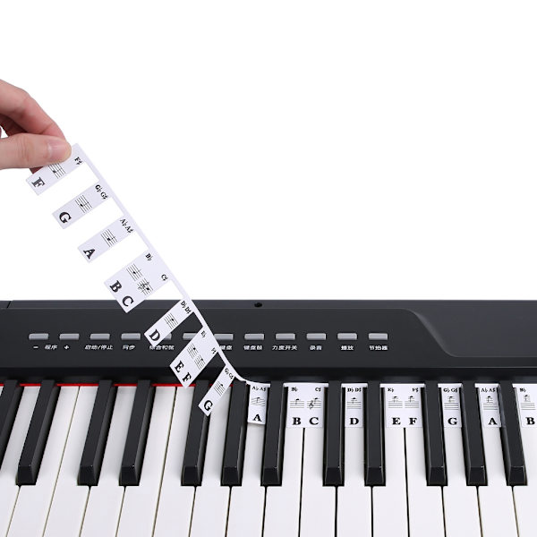 61-näppäimen ja 88-näppäimen irrotettavat musiikkisovittimen tarrat numeroitujen nuottien ja piano-ohjaimen merkinnöillä 0.06 88 keys