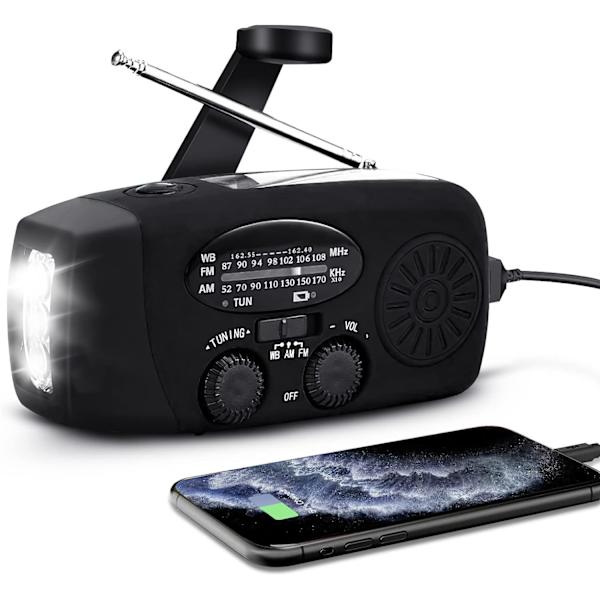 Vevradio med solceller, lommelygte og 2000mAh Powerbank rød SOS black