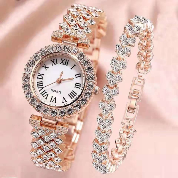Luksusklokke for kvinner Stålarmbånd kjærlighetsbelte Rhinestone Quartz Watch Mote (rose gull)