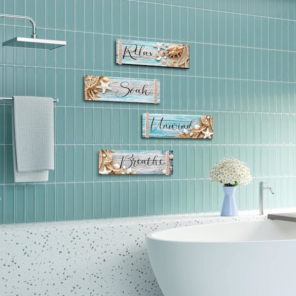 4 stk. Treavslappende Soak Relaxation Breathe Art Skilt Hengeved Dekor Stue Vaskerom Spa Toalett