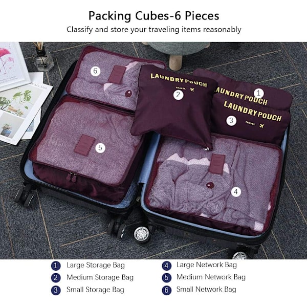 Pakke Cubes, 6 stk Rejseorganisatorer, til Tøj, Kufferter, Sko til Tøj Rejsebagage Sortering Opbevaringsposer Red
