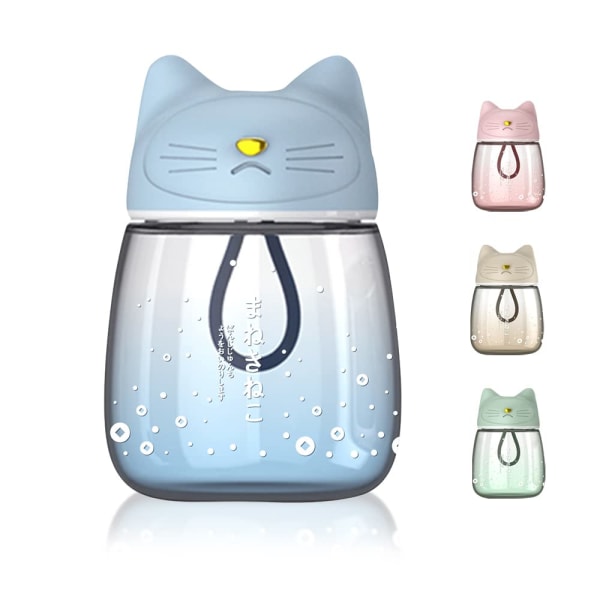 300 ml lasinen vesipullo kissankorvien kannen kanssa, silikoniköysi söpö vesipullo, tiivis lasinen juomapullo, helppo kuljettaa, uudelleen käytettävä (sininen)