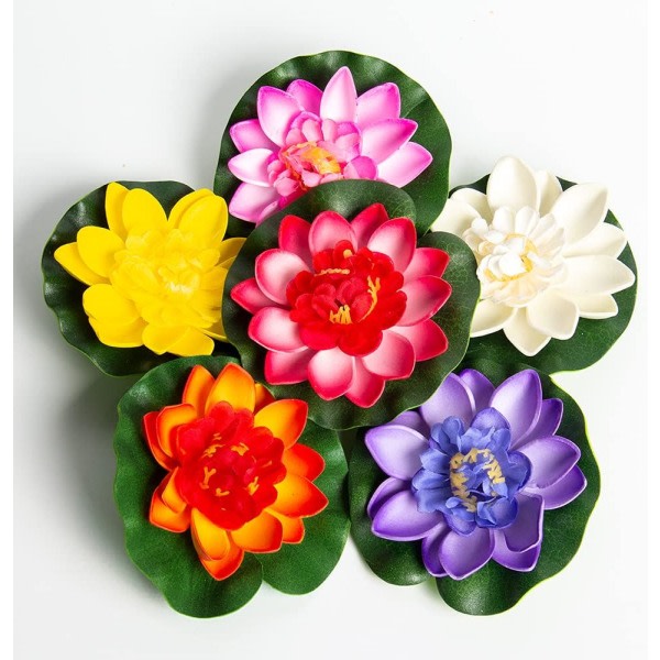 Sett med 6 kunstig lotusskumblomst 10 cm flytende vannlilje til dekorasjon Sommerfontene små dammer 6 farger