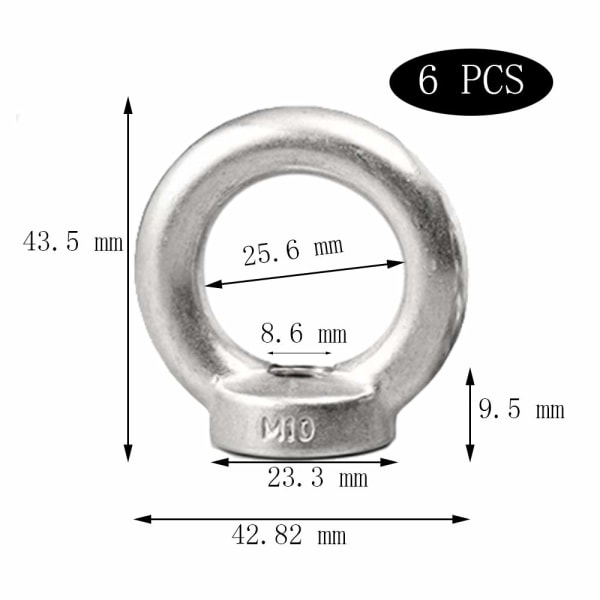 Ringmutter M10 ringmutter 6 delar 304 rostfritt stål gänga ögonmutter ringskruv M10 för lyftutrustningstillbehör