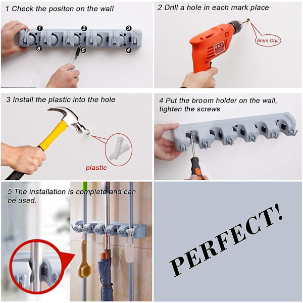 Mop og kost holder vægmontering Heavy Duty kost holder, 5 positioner