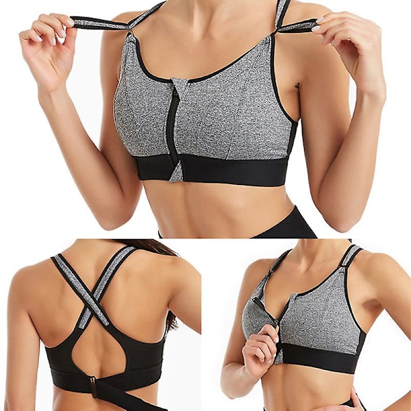 Sport-bh för kvinnor, högintensiv sport-bh med dragkedja fram Svart Black XL