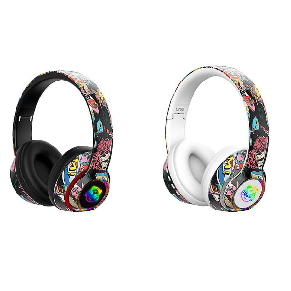 Fashion Graffiti Headset Trådløs øretelefon til telefon PC Laptop Support Kablet TF FM Bluetooth 5.1 hovedtelefoner （sort）