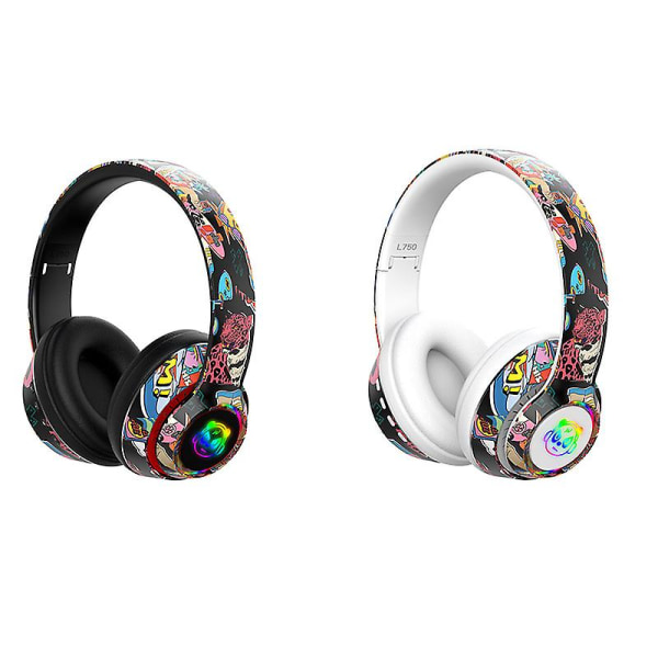 Fashion Graffiti Headset Trådløse Øretelefoner til Telefon PC Bærbar Understøtter Kablet TF FM Bluetooth 5.1 Hovedtelefoner （sort）