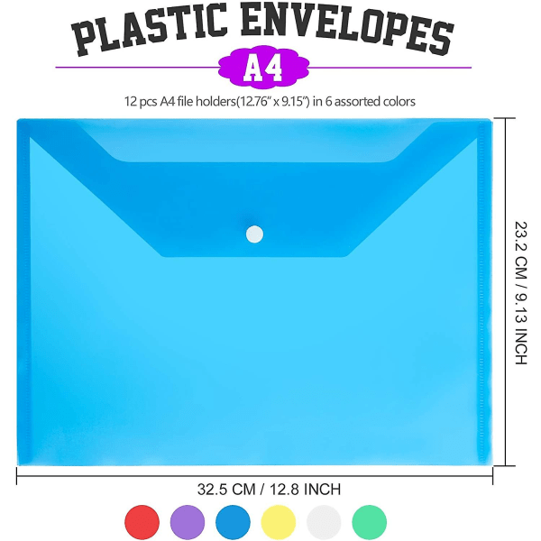 12-pakning plastkonvolutter, gjennomsiktige A4-poser for dokumentorganisering (6 assorterte farger)