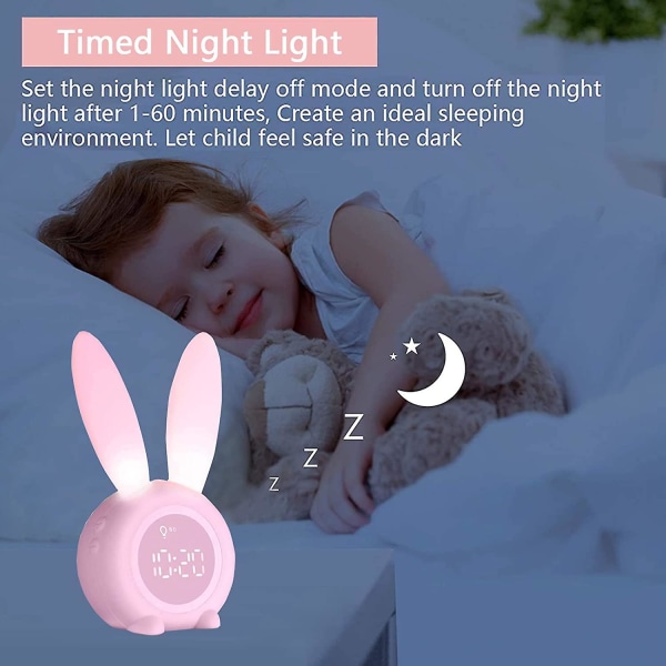 Barnevekkerklokke, oppladbar kanin for barns søvntrenerklokke med nattlys, søvntimer for gutter, jenter