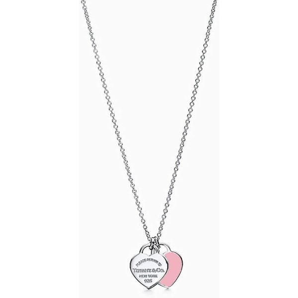 Dobbelt hjerte emalje halskæde 925 sterling sølv charme smykker Pink vedhæng Sød mode halskæde kompatible kvinder