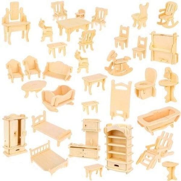 34 stk. Dukkehusmøbler / Dukkeskabsmøbler i beige træ