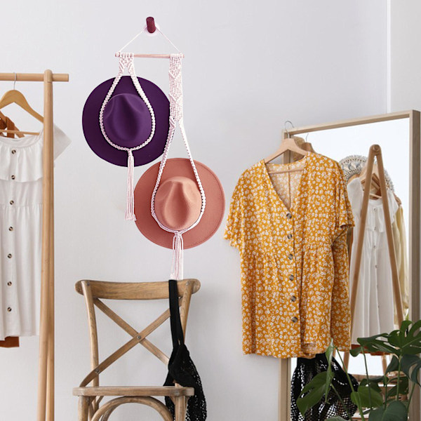 Opgraderet Macrame Hatteholder Hatteopbevaringsstativ til Væg Cowboy Hat Holder Håndlavet hvid white 105cm