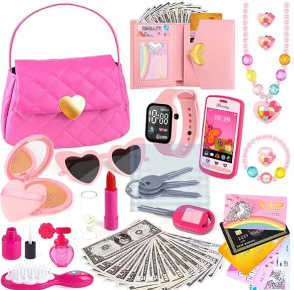Simulerad leksakshandväska för barn med klocka, myntväska, telefonväska, present SC334 Purple Set, Bagged