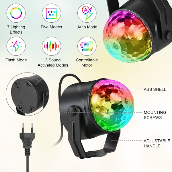 Discolampa, 2 st 7 färger RGB Discokula 360° Rotation med Fjärrkontroll, Bärbar Plug and Play Röststyrd Scenbelysning