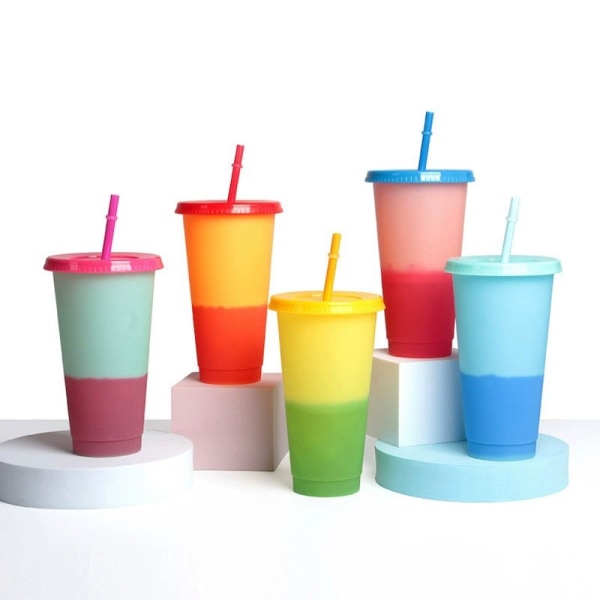 Farveskiftende kopper Tumblere med låg og sugerør - 5 Pack 24 oz Genanvendelige plastikkopper Iskaffekop Koldt vand Farveskifte festglas til drinks