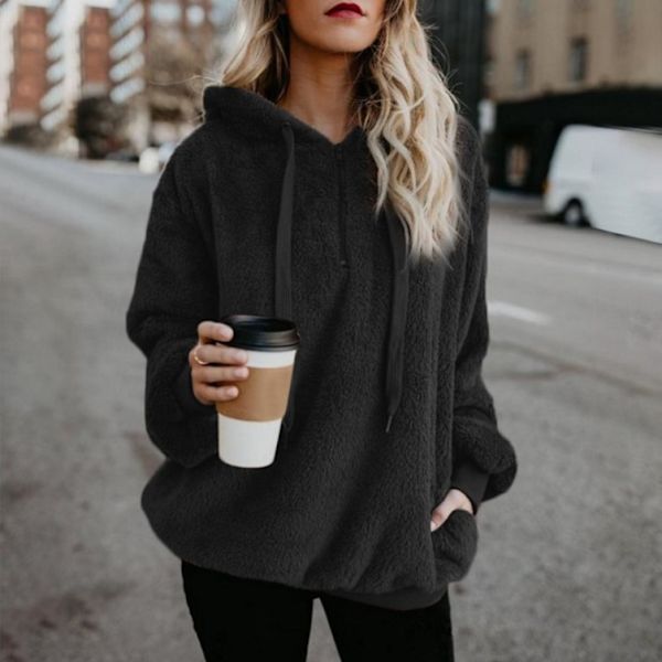 Damegenser med hette i teddyfleece, høst og vinter Black L