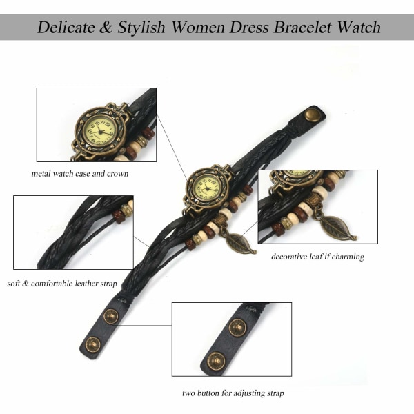Dameklokke, retro flettet lærarmbånd armbåndklokke med bladanheng for kvinner, jenter