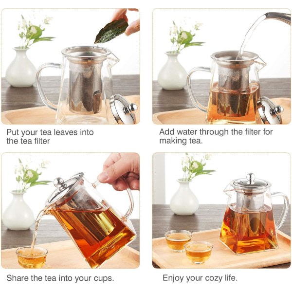 Neliönmuotoinen lasinen teekannu hauteella, 550 ml borosilikaattiteekannu ja siivilä, kirkaslehtiset teekannut irtoteetä varten