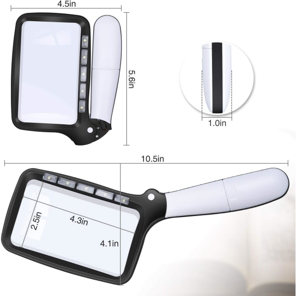 Kaome rectangular reading magnifier with 5 LED lights, 2 Intensit