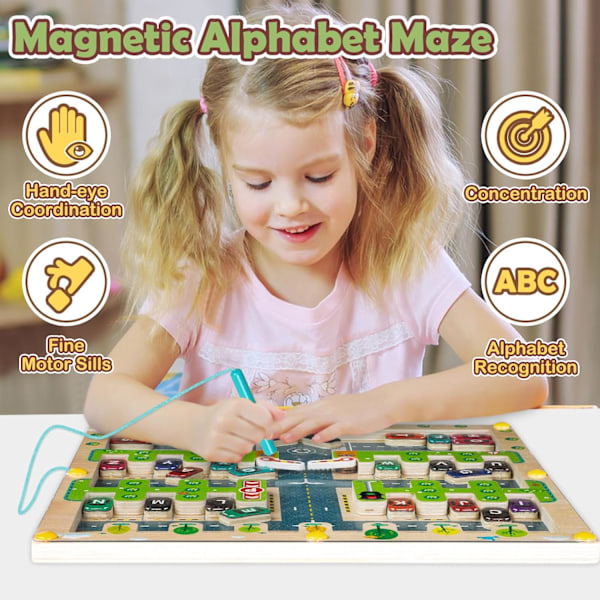 Magnetiskt alfabetspussel, magnetisk labyrint från 3 4 5 6 år, pedagogiska spel för att lära sig bokstäver, Montessori träleksak för finmotorik Bil och parkeringsplats