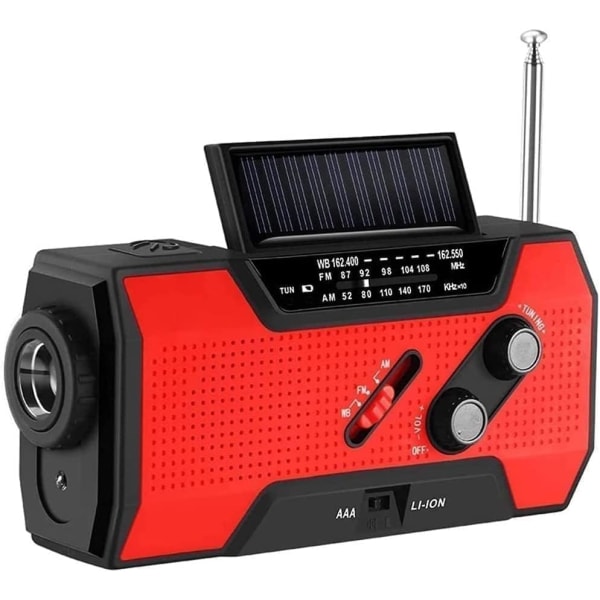 Crank Radio Solenergi, nødhåndsveiv radio med lommelykt og 1000mAh mobiltelefonlader