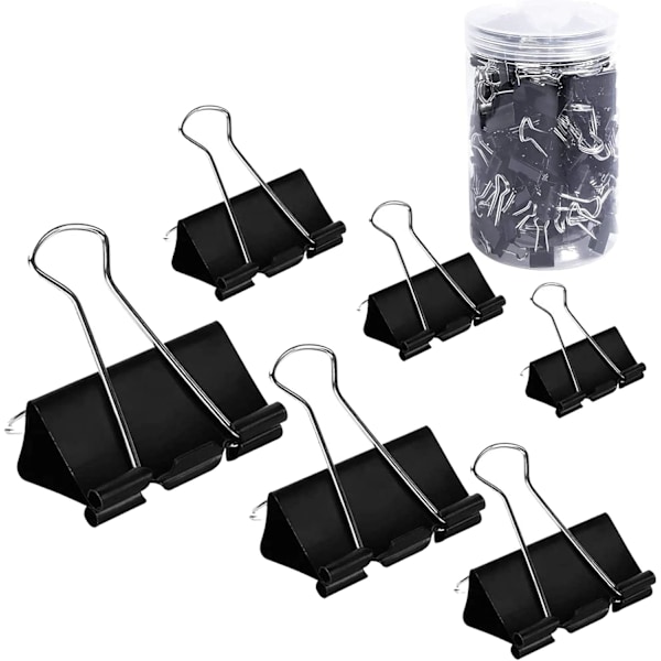 Binderspenner Papirklemmer Assorterte Størrelser 200 Antall (Svart), Jumbo, Stor, Middels, Liten, Mini og Mikro, 6 Størrelser med Boks for Kontor, Skole og Hjem