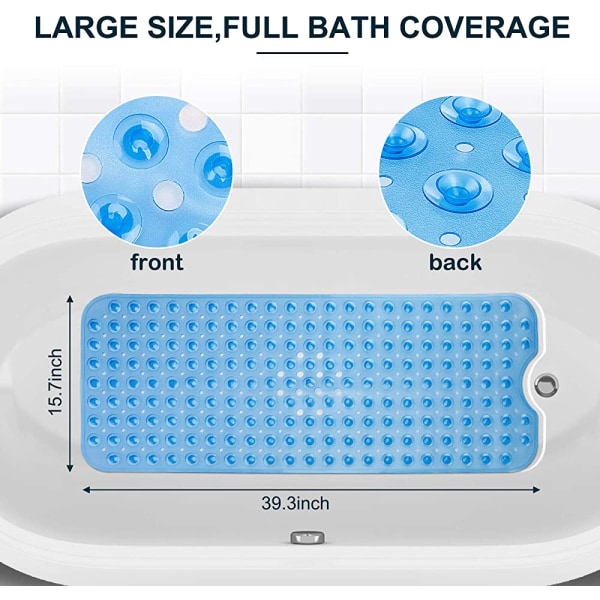 Kylpyammeen matto, erittäin pitkä liukumaton kylpymatto 200 imukupilla, kylpyammeen liukumaton matto, konepestävä kylpyammeen matto kylpyammeisiin - 100 x 40 cm, sininen