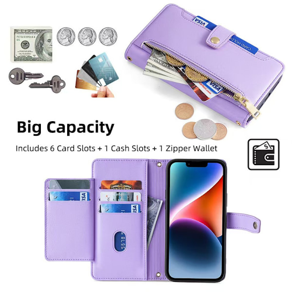Mobilplånbok för iPhone 16-serien, bärbar plånbok som rymmer både mobiltelefon och kort, påverkar inte kortets magnetism lila purple iphone16 PRO MAX