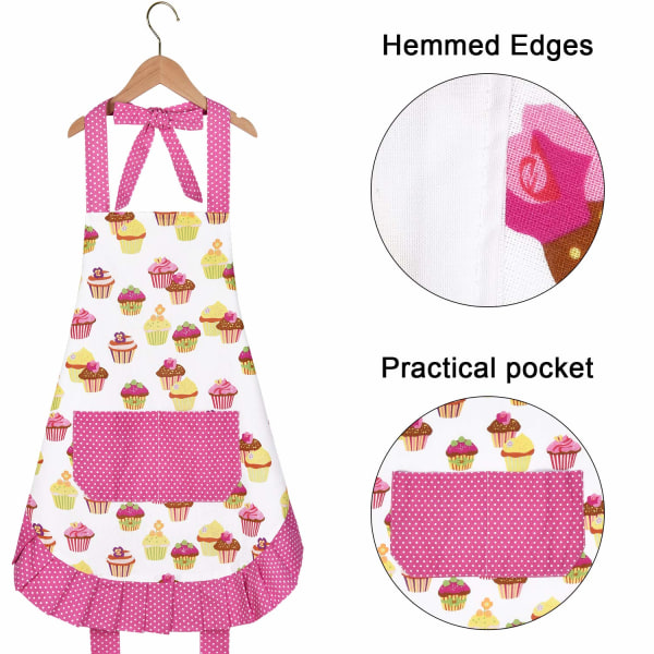 Rosa sløyfeforkle, kokeforkle i bomull med lomme, kakemønster Bakeforkle for kvinner