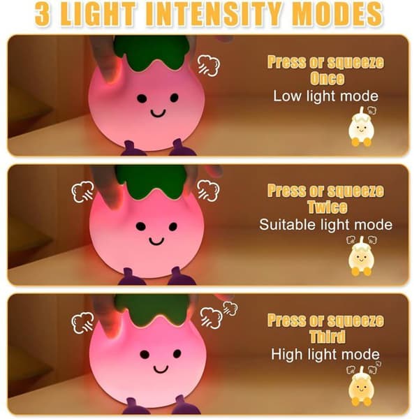Aubergine Night Light for Kids, Kawaii Night Light for Kids with Timer Function, Rechargeable Silicone Night Light for Kids