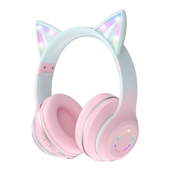 Cat Ears hopfällbara flickhörlurar över örat med LED-ljus (ROSA)