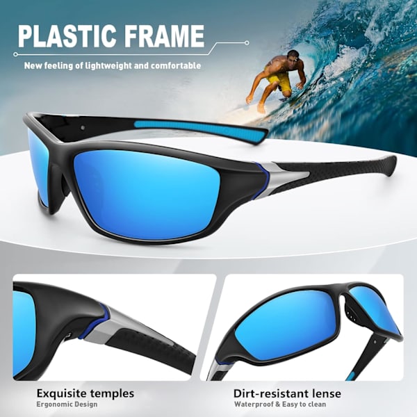 Polariserte Sportsolbriller for Menn Kvinner Kjøring Sykling Fiske Solbriller 100% UV400 Beskyttelse Black Frame-Blue Mirror Lens